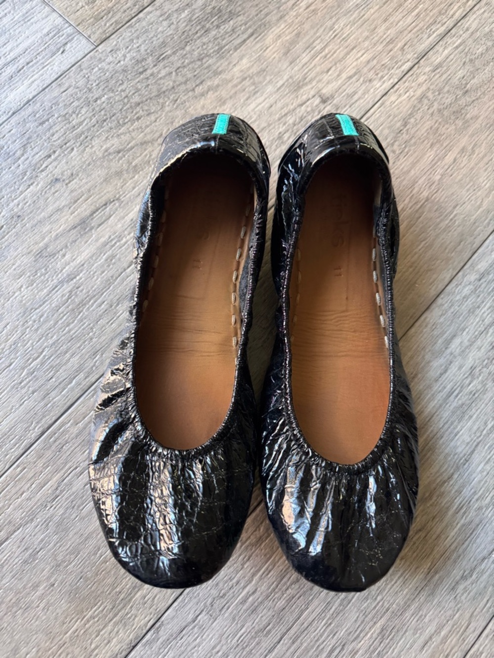 Tieks Black Patent Ballet Flats with Teal Heel Tab